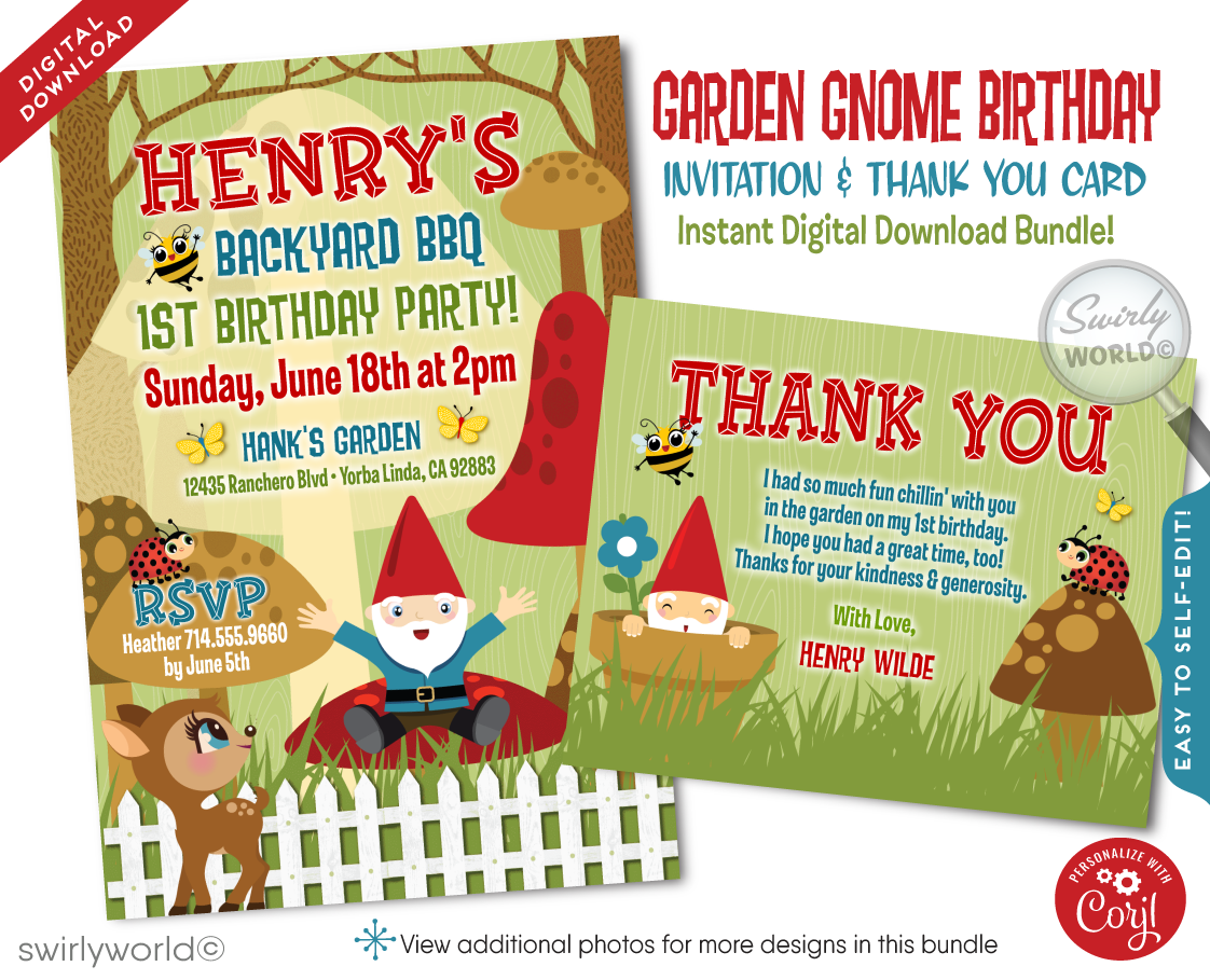 Step into enchantment with our Exclusive Garden Gnome Theme Birthday Invitation Set! 🌿🎉 Perfect for your child's first birthday BBQ, featuring whimsical gnome, mushrooms, and forest backdrop. Digital download includes invites, thank you cards, and envelopes. Easily customizable for a magical celebration! ✨🍄
