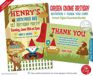 Step into enchantment with our Exclusive Garden Gnome Theme Birthday Invitation Set! 🌿🎉 Perfect for your child's first birthday BBQ, featuring whimsical gnome, mushrooms, and forest backdrop. Digital download includes invites, thank you cards, and envelopes. Easily customizable for a magical celebration! ✨🍄