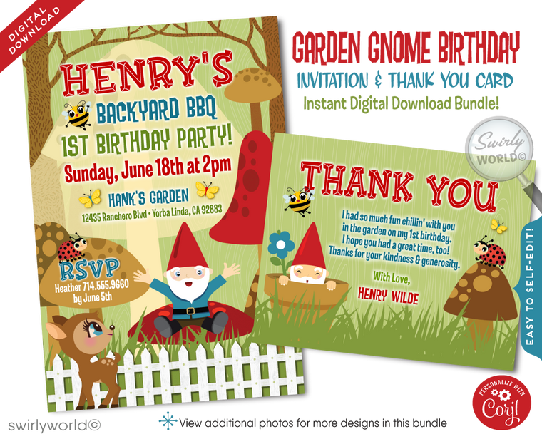 Garden Gnome Backyard BBQ Birthday 1st Birthday Party Invitation Digital Design