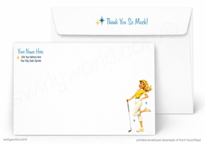 Golf-themed stationery set with a woman golfer illustration on an envelope and card.