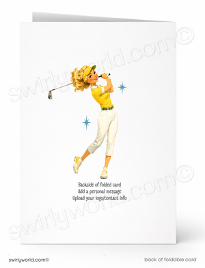 Greeting card with a golfer illustration on the back, featuring Swirly World branding.