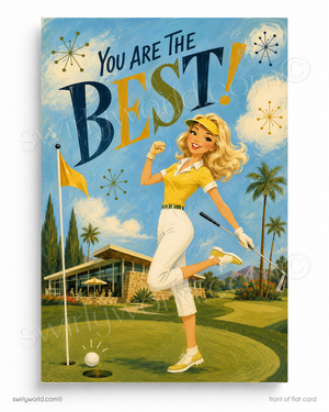 Vintage-style golf poster with a woman golfer and text 'You Are The Best!' on a golf course.