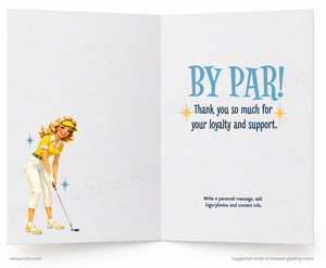 Greeting card with a golfer illustration and text on a white background