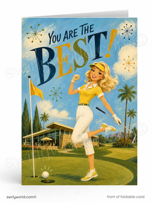 Greeting card with a woman playing golf on a golf course, featuring text 'You Are The Best!'.