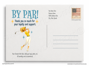 Golf-themed postcard with a golfer illustration and customizable text area.