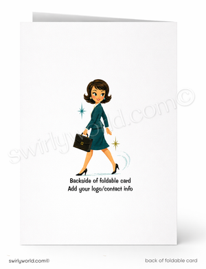 A folded greeting card shown front and back on a white background. The front features a retro-style illustration of a woman in a teal dress carrying a black briefcase, with small star accents and placeholder text reading 'Backside of foldable card' and 'Add your logo/contact info.