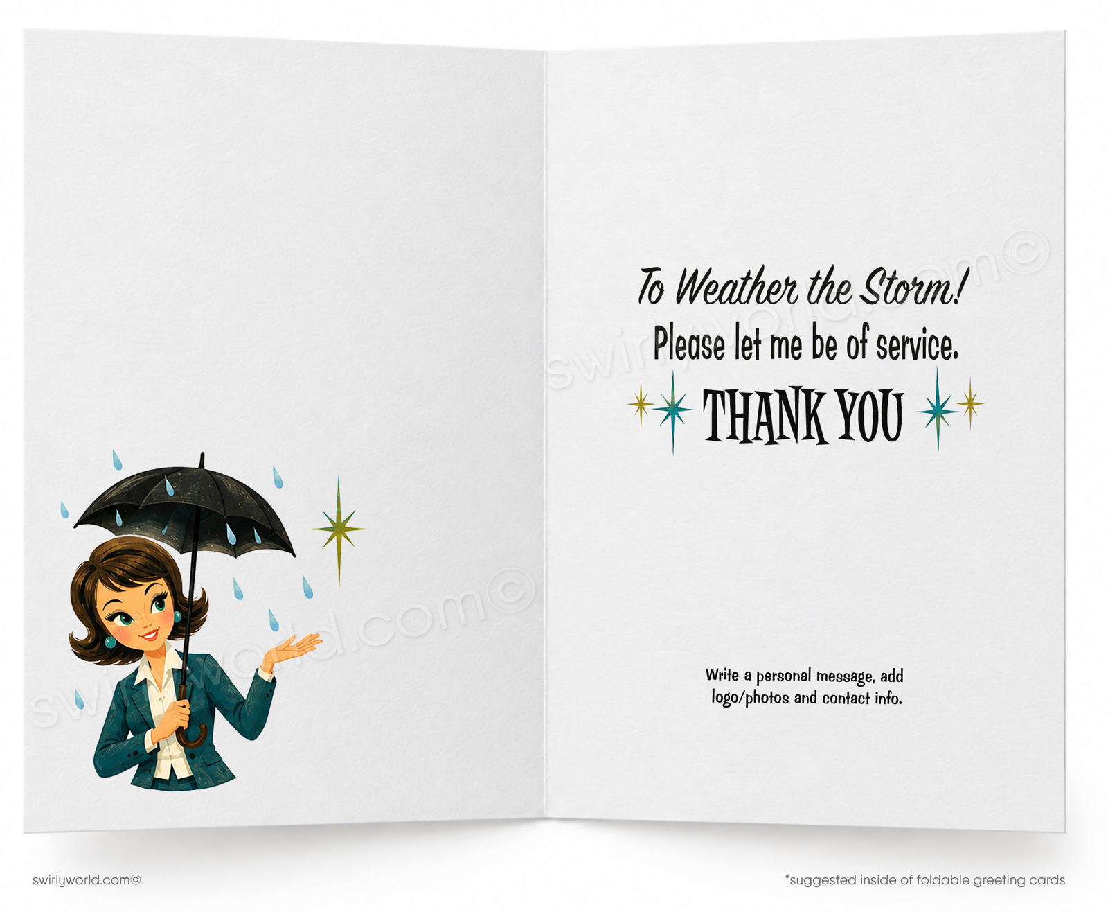 A folded greeting card shown front-on against a white background. The card features a retro-style illustration of a woman in a blue suit walking through a puddle with a briefcase, with the text 'You Can Always COUNT ON ME' above her.