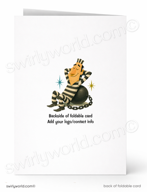 A folded greeting card shown front and back on a white background. The front features a cartoon prisoner sitting on a ball and chain with the text 'Backside of foldable card' and placeholder text for logo/contact info.