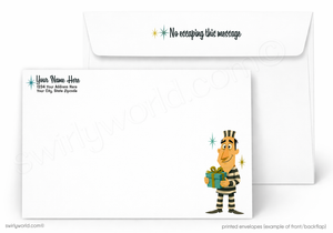 A set of printed white envelopes shown on a light gray background. The front envelope displays a cartoon prisoner holding a gift box with the text 'Your Name Here' and placeholder address details, while the back envelope shows the printed message 'No escaping this message.