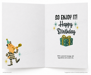 An open folding birthday greeting card shown front and back. The left panel features a cartoon prisoner blowing a party horn, and the right panel reads 'SO ENJOY IT! Happy Birthday' with a green gift box illustration and small text for personalization.