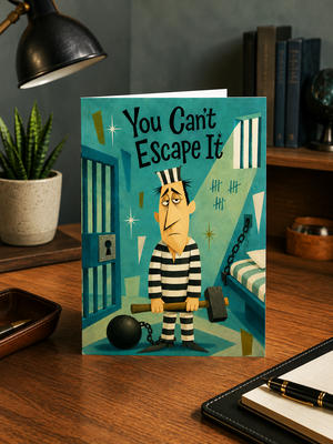 A greeting card featuring a cartoon prisoner standing in a cell with the text 'You Can't Escape It', displayed on a wooden desk in a styled room setting with a lamp, plant, and books in the background.
