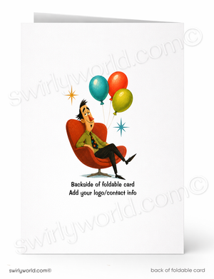A white foldable greeting card shown front and back. The front features a cartoon illustration of a man sitting in an orange armchair with colorful balloons and star accents, plus placeholder text reading 'Backside of foldable card Add your logo/contact info.