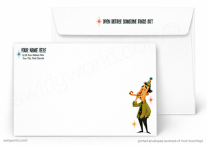A printed white envelope set shown on a light gray background. The front envelope has a cartoon party-clad figure and small text, while the back side of the card shows a sample address block and the back of the envelope has the instruction 'OPEN BEFORE SOMEONE FINDS OUT' printed near the top.