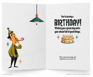 An open folding greeting card template with a birthday message on the right side and a cartoon illustration of a man blowing a party horn on the left. The card has a white background with black text and small colorful accents, including a green hanging lamp and a birthday cake.