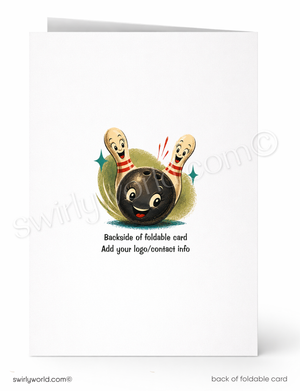Backside of a foldable card with a bowling design and text.