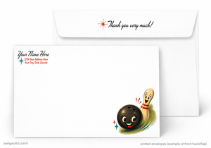 Personalized bowling-themed thank you card with a bowling ball and pin design, featuring customizable text fields.
