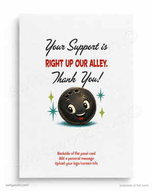 Card with a bowling ball illustration and text expressing gratitude for support, on a white background.