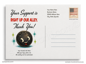 Postcard with a bowling ball graphic and text thanking support, featuring an American flag and address fields.