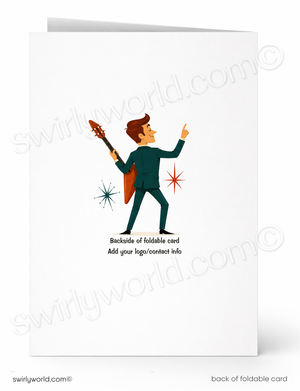 A folded white greeting card shown front and back on a white background. The front features a simple illustration of a person in a dark teal suit holding a brown guitar, with small starburst accents and placeholder text reading 'Backside of foldable card' and 'Add your logo/contact info'.