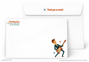 A set of printed envelopes shown on a white background, with the front of one envelope visible in front and the back flap of another behind it. The front envelope has a small illustrated guitarist in a suit near the lower right and placeholder text in the lower left.