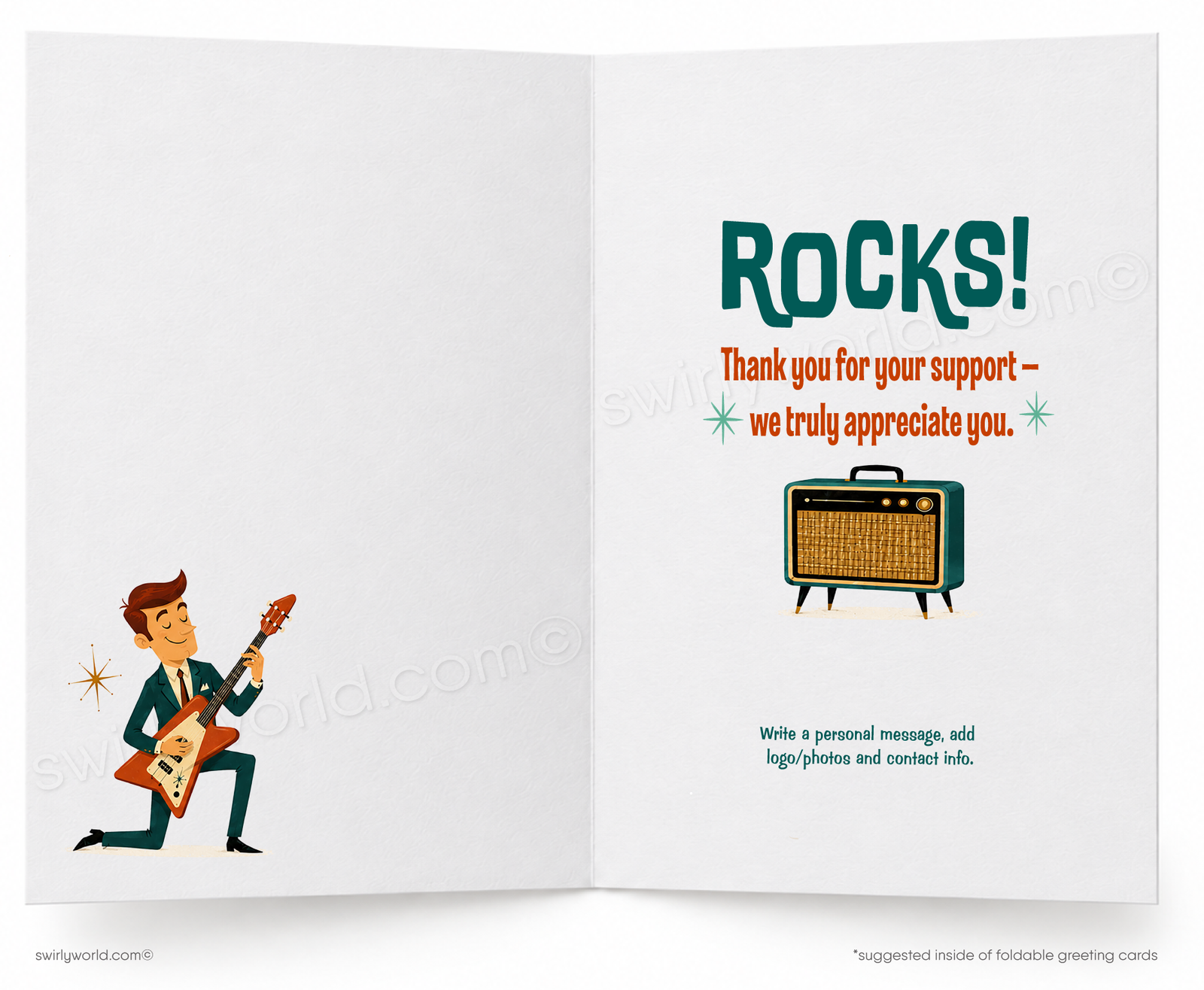 A folded greeting card shown front-on against a white background. The card features a retro-style illustration of a man playing an electric guitar with an amplifier, under a large cream speech bubble that reads “YOUR BUSINESS.