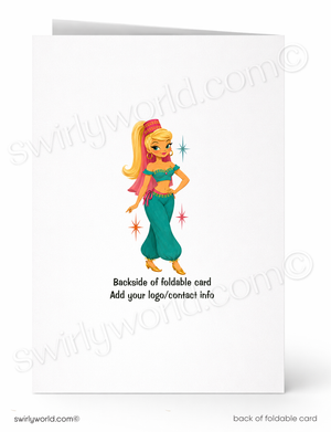 A folded white card shown front and back on a white background. The front has a cartoon illustration of a woman in a teal and pink outfit with gold details, and the back has placeholder text reading 'Back side of foldable card' and 'Add your logo/contact info'.
