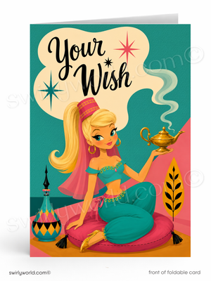 A foldable greeting card featuring a cartoon Aladdin-style woman in turquoise and pink clothing sitting on a pink cushion and holding a gold lamp, with the text 'Your Wish' in a cream speech bubble. The card is shown upright against a white background.