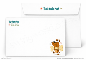 A set of printed custom envelopes on a white background, featuring a front envelope with a cartoon dog illustration and the text 'Thank You So Much' in teal, and a back envelope with placeholder text 'Your Name Here' and '1234 New Address City, State, Zip-code'.