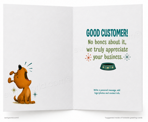 An open greeting card template with a white background. The left panel shows a cartoon brown dog with a happy expression.
