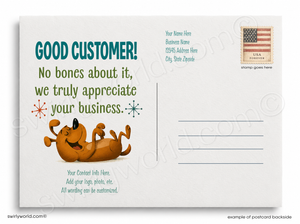 Customizable dog-shaped postcard backside template with a cartoon dog illustration, placeholder text for customer details, and a postage stamp graphic on a white background.