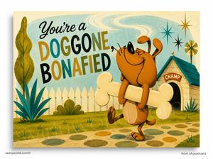 A retro-style illustrated postcard or art print featuring a brown cartoon dog carrying a large bone, with the text 'You're a DOGGONE BONAFIED' and a doghouse labeled 'CHAMP' in the background.