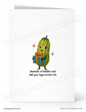 A folded greeting card shown front and back on a white background. The front features a cute illustrated pickle holding a gift box, with small decorative sparkles and placeholder text reading 'Backside of foldable card' and 'Add your logo/contact info.