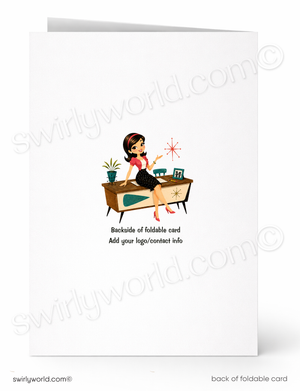A white foldable greeting card shown front and back. The front features a small retro-style illustration of a woman sitting on a desk with a starburst and small objects, with placeholder text below.