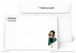 A printed stationery set showing a white envelope behind a matching white card or envelope front. The front has a small illustrated woman in a red dress and teal cape near the lower right, with placeholder text on the upper left.