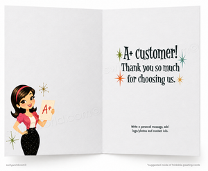 An open greeting card template with a white interior layout. The left panel shows a cartoon woman holding an A+ card, and the right panel reads 'A+ customer! Thank you so much for choosing us.