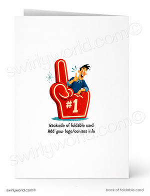 A white foldable greeting card shown front and back. The front features a cartoon person sitting inside a large red foam finger with the text '#1' and placeholder text below reading 'Backside of foldable card' and 'Add your logo/contact info'.
