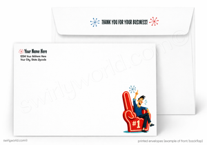 Custom printed white envelopes shown on a light gray background, with one envelope front featuring placeholder text and a cartoon foam finger graphic, and the back envelope showing a thank-you message with snowflake icons.
