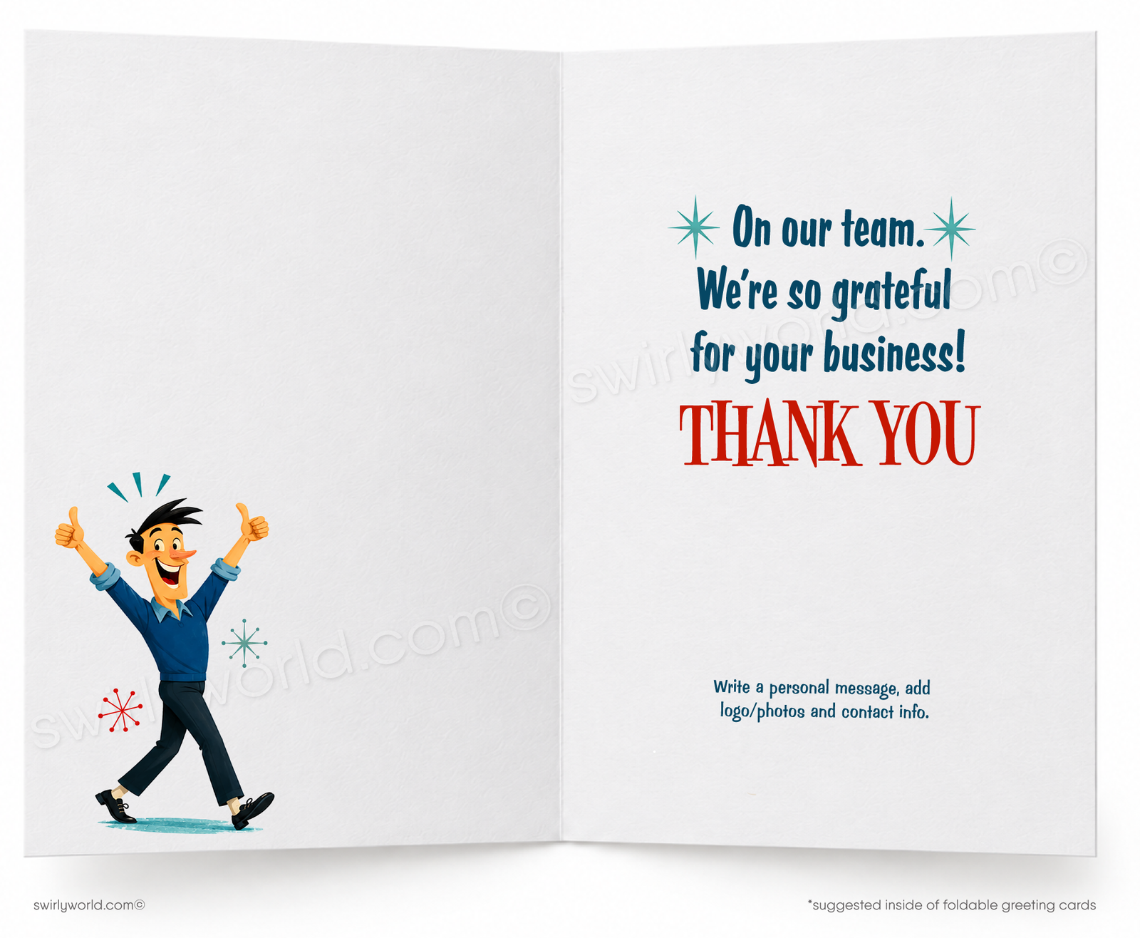 A folded greeting card shown front-on against a white background. The card features a retro-style illustration with the text 'YOU'RE #1' in large white and red lettering, a cartoon man sitting on a red foam finger chair, and small flags reading 'CHAMP', 'GO TEAM!', and 'NUMBER ONE'.