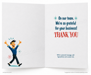 An open greeting card with a white interior. The left panel shows a cartoon man in a blue shirt and dark pants giving thumbs up, with small starburst and snowflake graphics.