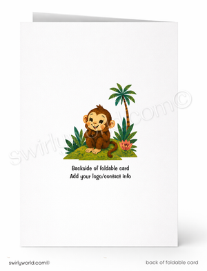 Backside of a foldable card with a cartoon monkey and palm tree design, featuring Swirly World branding.