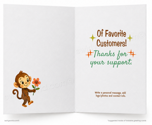 Open card with a monkey holding a flower and text thanking customers for support.