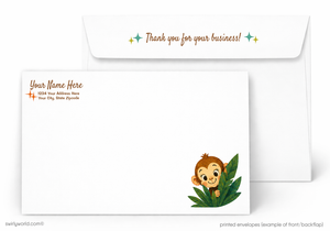 Envelopes with a cartoon monkey design and customizable text fields on a white background