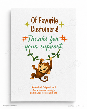 Card with a monkey illustration and text thanking customers for their support on a white background.