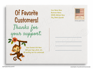 Postcard with a monkey illustration and text thanking customers for their support, featuring a U.S. flag and address lines.