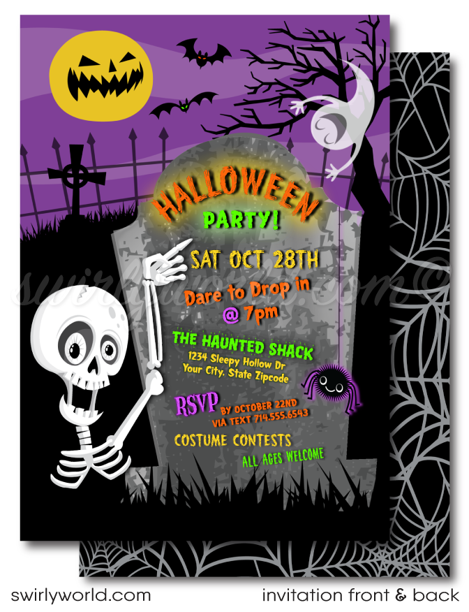 Kick off your Halloween bash with our playful skeleton-themed invitations! Featuring a silly skeleton, a giggling ghost, and a jack-o'-lantern moon, this kid-friendly design is perfect for school events or community parties. Customize, download instantly, and share—whether you print, email, or text, it's all fun and no fright!