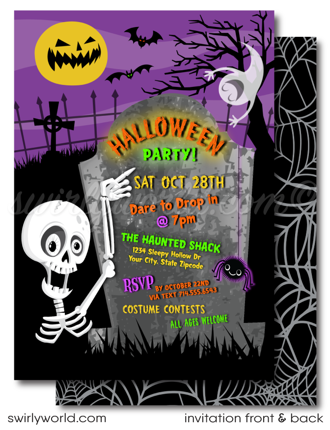 Skeleton Graveyard Non-Scary Child Friendly Halloween Party Printed Invitations & Envelopes