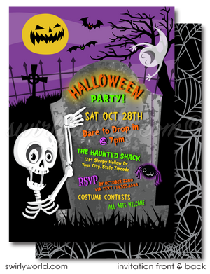 Delight guests with our skeleton-themed Halloween party invitations! Featuring a playful skeleton, giggling ghost, and jack-o'-lantern moon, these printed invitations are perfect for kid-friendly events. Each set includes matching envelopes with a spooky spider web design. Make your Halloween bash unforgettable!