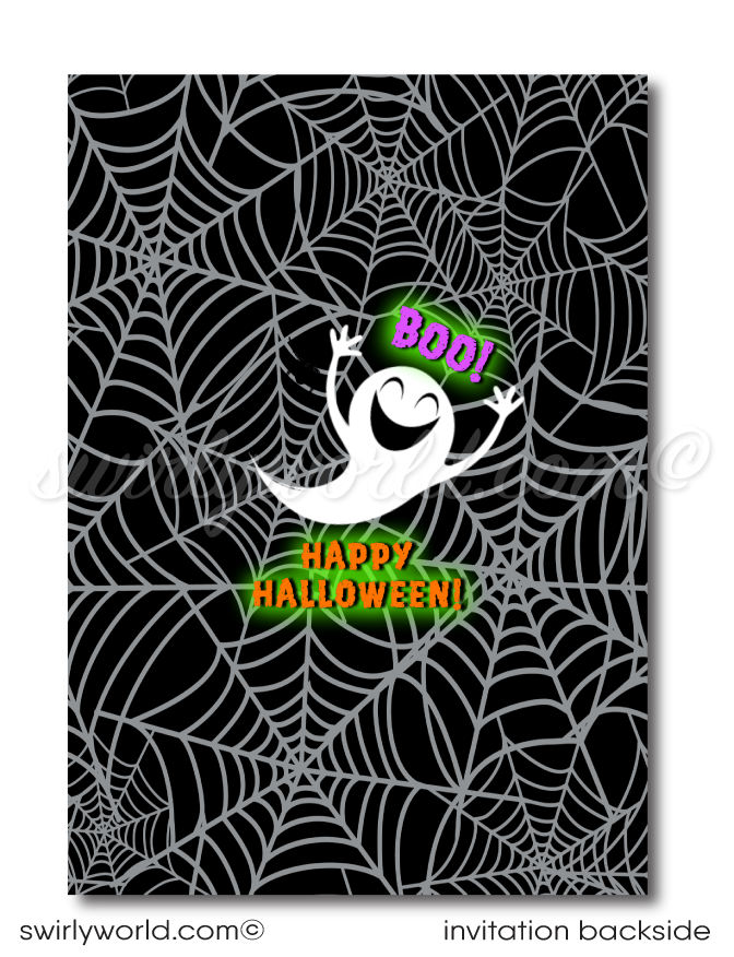 Delight guests with our skeleton-themed Halloween party invitations! Featuring a playful skeleton, giggling ghost, and jack-o'-lantern moon, these printed invitations are perfect for kid-friendly events. Each set includes matching envelopes with a spooky spider web design. Make your Halloween bash unforgettable!