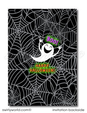 Delight guests with our skeleton-themed Halloween party invitations! Featuring a playful skeleton, giggling ghost, and jack-o'-lantern moon, these printed invitations are perfect for kid-friendly events. Each set includes matching envelopes with a spooky spider web design. Make your Halloween bash unforgettable!