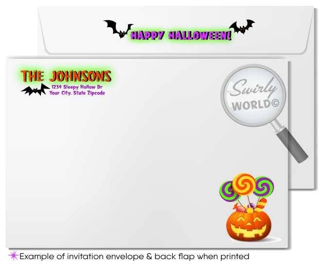 Delight guests with our skeleton-themed Halloween party invitations! Featuring a playful skeleton, giggling ghost, and jack-o'-lantern moon, these printed invitations are perfect for kid-friendly events. Each set includes matching envelopes with a spooky spider web design. Make your Halloween bash unforgettable!
